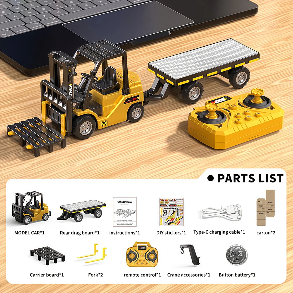 1:64 Bluetooth Remote Control Crane And Forklift two-in-one Desktop Mini Alloy Toy Car With Trailer Christmas Gift In Color B