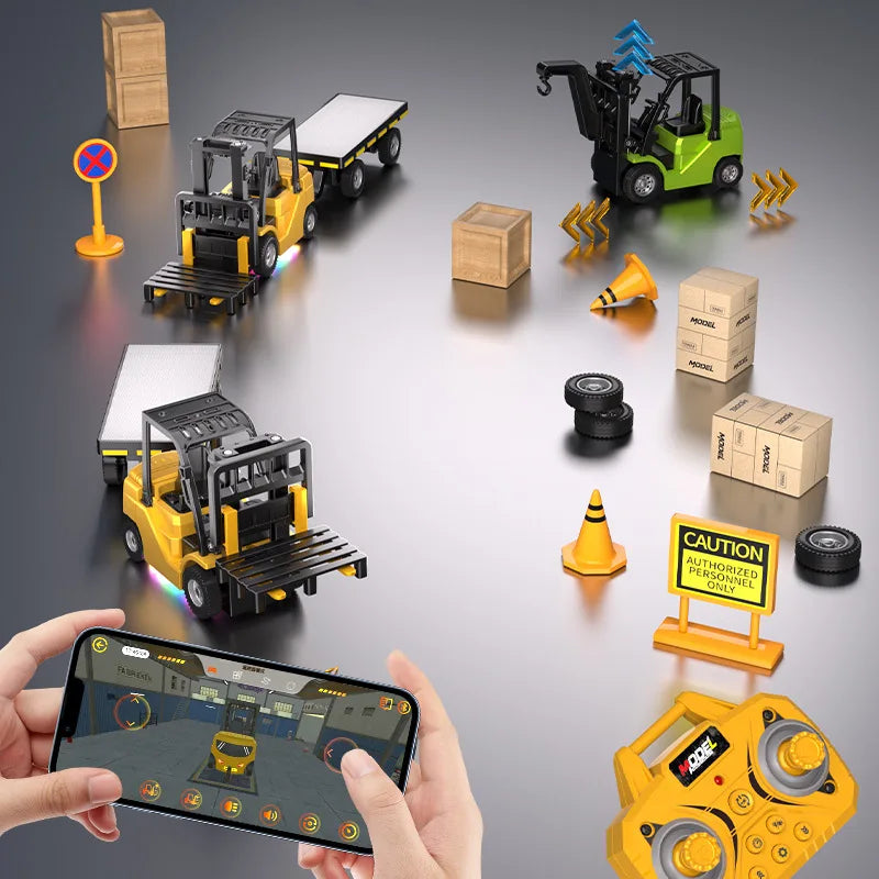 1:64 Bluetooth Remote Control Crane And Forklift two-in-one Desktop Mini Alloy Toy Car With Trailer Christmas Gift In Color B