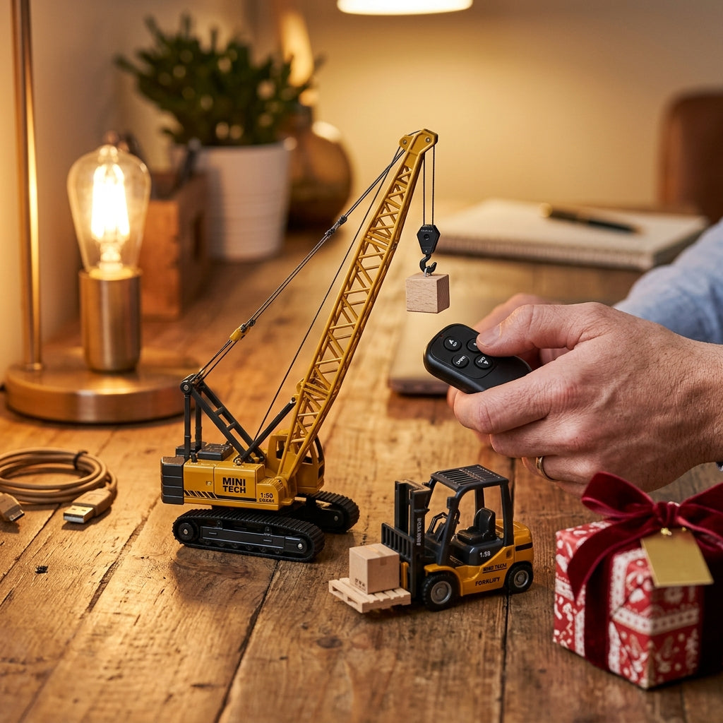Lifestyle photo of mini RC crane toy lifting a small object on a desk - Puchica