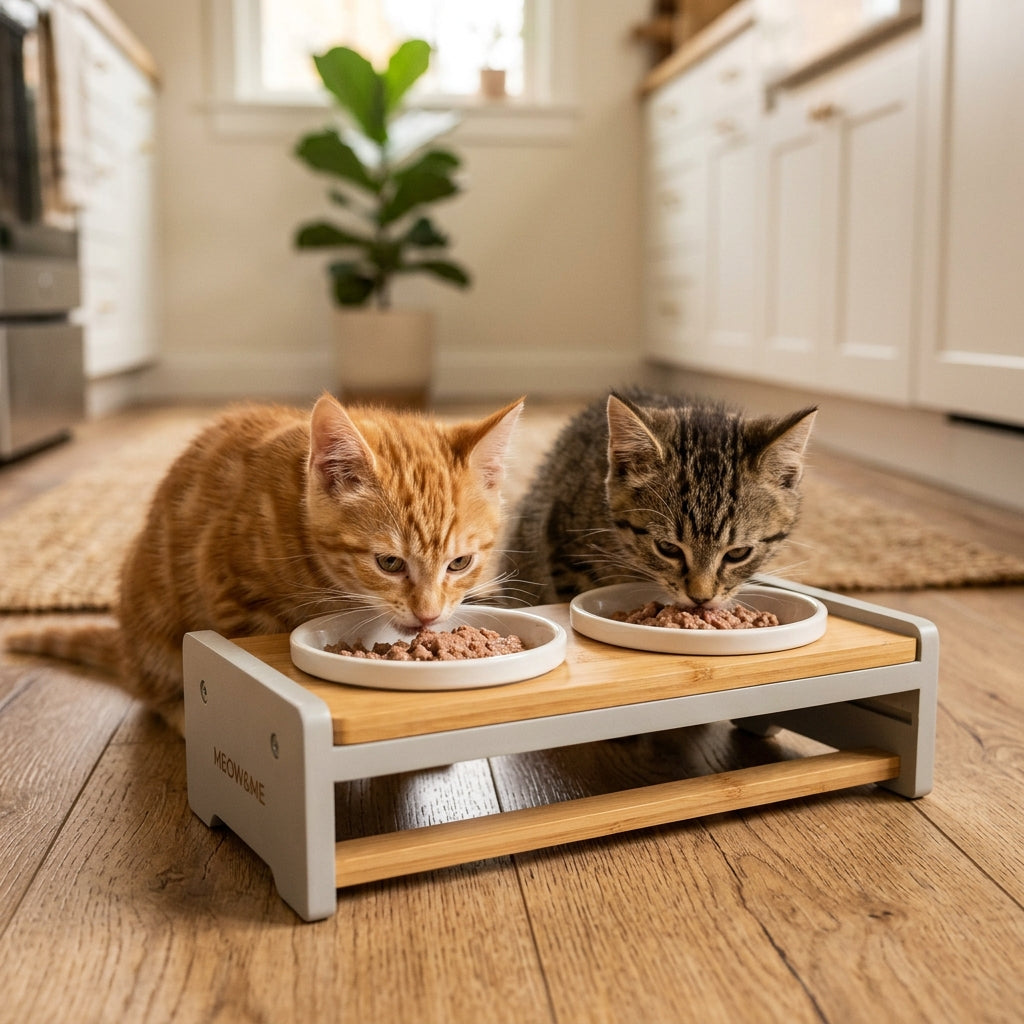 Lifestyle photo of set of pet food and water bowls in use by a cat and dog - Puchica